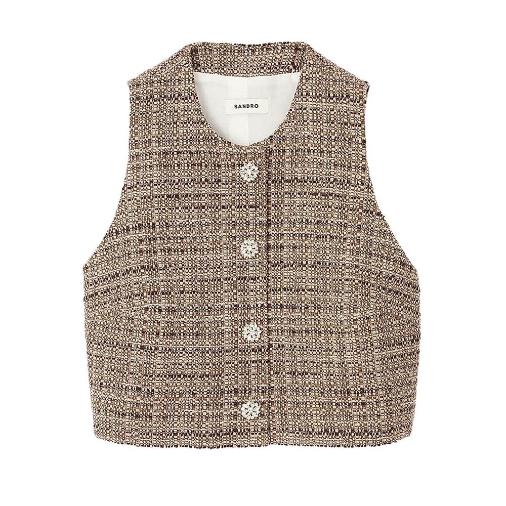 Sandro Embellished Brown Button Front Vest Size 1 NWT